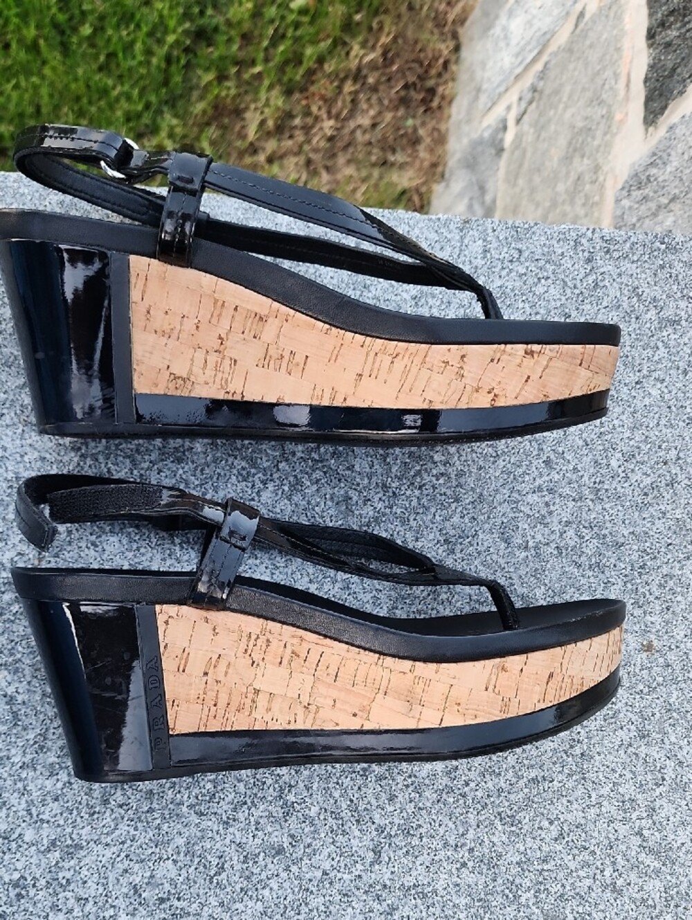 Prada Black Patent Leather Cork Wedge Thong Sandals - Picture 8 of 15